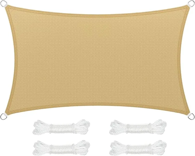 SONGMICS Vela de Sombra de 3 x 5 m, Tejido HDPE de Protección Solar, Transpirable, Permeable al Agua, Rectangular, Cóncava, Cuerdas de 2 m, Amarillo Arena GSS35EYV1