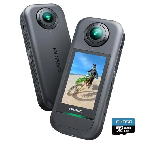 AKASO 360 Cámara de acción 360 con 64GB microSDXC U3 Tarjeta de Memoria, Sensor de 1/2", 5.7K 360, Fotos 72MP, Pantalla táctil de 2.29", Cámara Deportiva 360, Estabilización, para Deportes