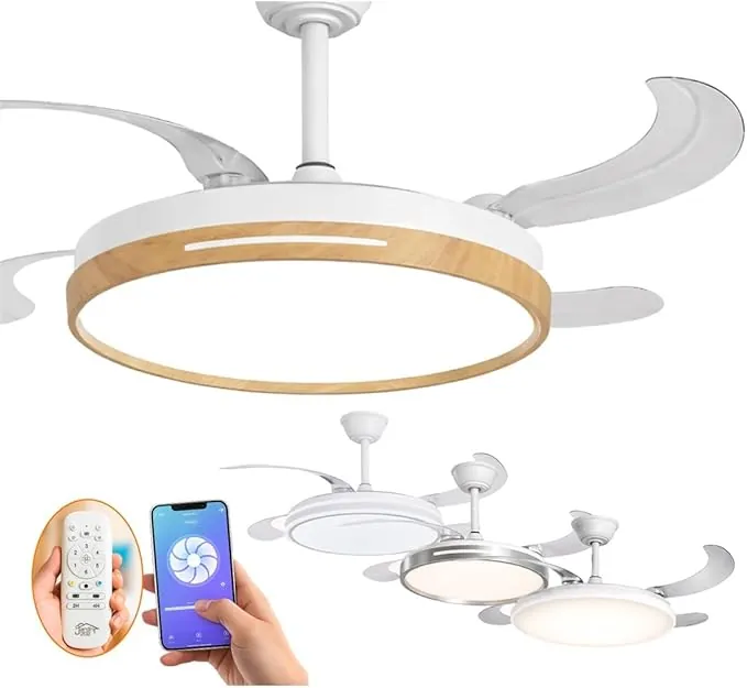 JARDIN202 - Ventilador de Techo con Aspas Retráctiles, Motor DC, Temporizador, Luz LED Regulable, Mando a Distancia, 6 Velocidades | 50 cm (Vejer Wifi Madera)