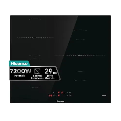 Hisense HI6311BSCE - Placa Induccion, 29 cm, Vitroceramica, 3 Fuegos, 7200W, Calentamiento Rápido Power Boost, Contol Táctil, Zona Expandible