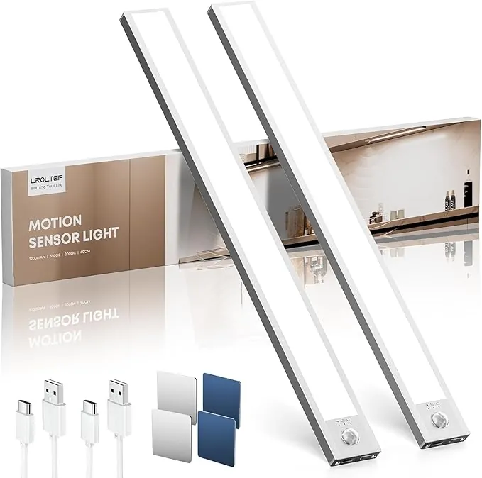 LROLTEF Luz Led Armario Cocina con Sensor de Movimiento Interior 40CM 2200mAh 6500K 66 LED Lampara Luces Mueble Recargable sin Cables Inteligente Lamp Nocturna para Gabinete Escalera Pasillo 2 Piezas