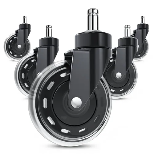 COSYLAND 5pcs Ruedas Silla Oficina - 11 mm x 22 mm - Deslizan Suavidad y Silencio - No Rayan el Suelo - No Acumula Suciedad - Negro Intenso - con Tapa Antipolvo