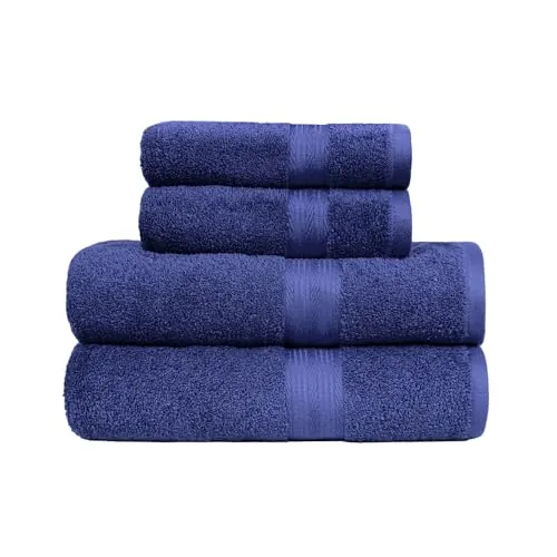 Amazon Basics Juego Toallas Baño Completo 100% Algodón 2 Toallas Baño + 2 Mano, Azul Real, Pack 4 Unidades