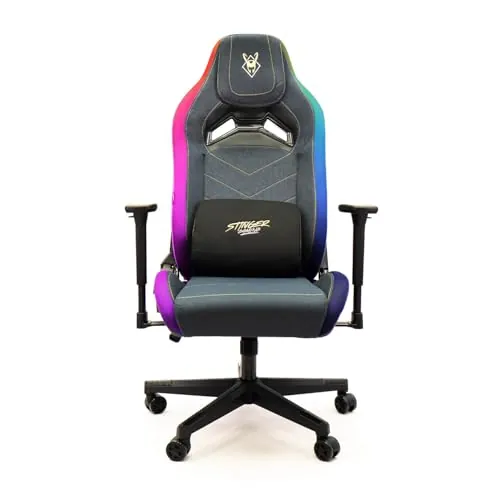 Woxter Stinger Station Elite RGB Golden/Silver - Silla Gaming con Luces Led RGB, Levantamiento por pistón Gas, Tela Antimanchas, Reposabrazos 3D, Cojín Lumbar Regulable y Cervical Integrado
