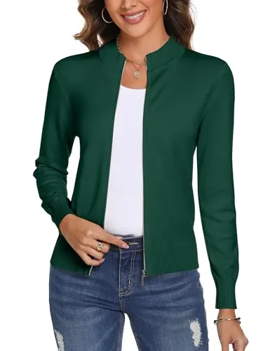 Aottori Cárdigan de Punto para Mujeres con Cremallera Manga Larga Suéter Cardigans Elegante Casual Jerseis Outwear Chaqueta Verde M