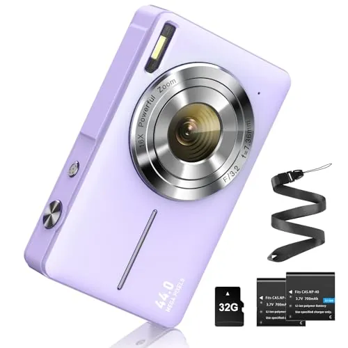 Cámara digital de 44 MP, FHD 1080P, cámara de fotos con tarjeta de 32 G, zoom digital de 16 x, cámara digital con batería, cámara digital portátil y simple para niños, estudiantes, adolescentes