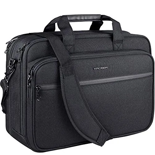 KROSER 18" Bandolera para Portátil Maletín Premium para Laptop hasta 17.3" Expandible Hidrófugo Bolsa del Hombro Bolsa de Computadora para Viajes/Negocios/Escuela/Hombres/Mujeres-Negro
