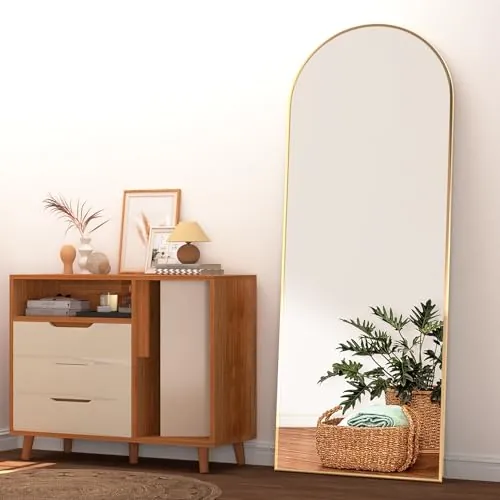 NEUWEABY Arqueado Espejo de Cuerpo Entero, 162X53cm Espejo de Suelo arqueado con Soporte, Espejo de Pared Grande, Dorado Colgado de pie o apoyado contra la Pared para Entrada de Dormitorio