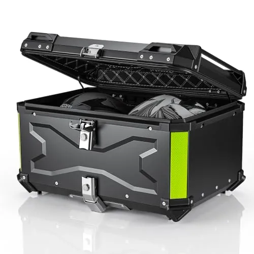 MOCOERL Baúl para Motocicleta Universal, Top Case Moto de Aluminio Impermeable, con Respaldo Cerradura de Seguridad, Caja Trasera para Casco Negro(65L) 705B