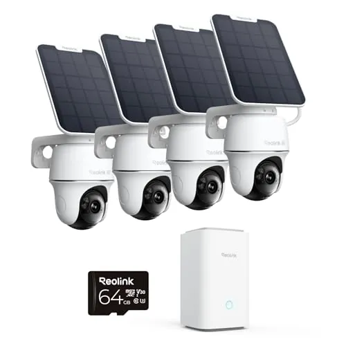 Reolink 4K 360° PT Camara Vigilancia WiFi Outdoor Solar con Seguimiento Automático, Gestión Central y Almacenamiento, Sin Cuotas Mensuales por Almacenamiento Local, Set de 4 Argus PT Ultra + SP