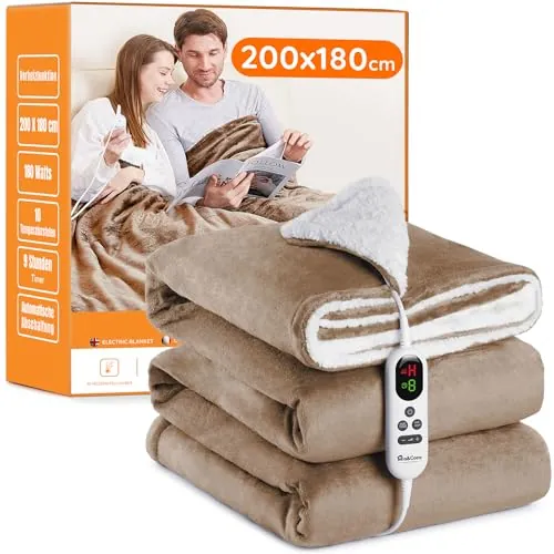 Manta Eléctrica Grande Térmica para Cama 180x200cm 10 Niveles de Calor y Temporizador de Apagado Automático de 1~9 Horas para Protección, Pantalla LED para Cama Hogar y Oficina, Franela Lavable,Caqui