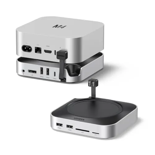 UGREEN Docking Station USB C y Soporte para Mac Mini M4, M4 Pro, M5 Pro, M6 | 10 en 2, con Carcasa M.2 NVME SSD, DisplayPort 4K 240Hz 144Hz, 5 Puertos 10Gbps Rápida, Lector de Tarjetas TF SD, 3.5mm Aux