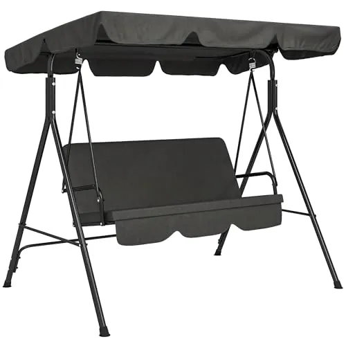 Outsunny Columpio de Jardín Exterior de 3 Plazas, Balancín de Jardín Exterior con Techo Ajustable y Marco de Acero, para Balcón, Terraza, Patio, Carga 200 kg, 172x110x153 cm, Negro