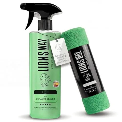 LionsWay: Tratamiento Cerámico Coche Hidrofóbico, c/Sílica. Premium. Sellador, Abrillantador de Alto Brillo, Protección Duradera. Efecto Repelente Lluvia para Carrocería y Cristales (500ml + Bayeta)