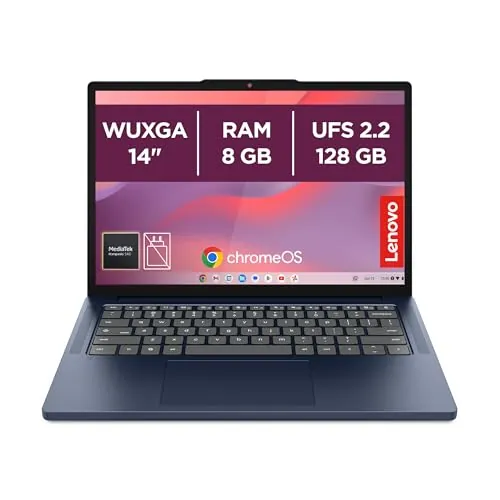 Lenovo Chromebook Gen 11 - Ordenador Portátil 14" WUXGA (MediaTek Kompanio 540, 8 GB RAM, 128 GB UFS 2.2, ChromeOS) QWERTY Español, Azul + 3 Meses Google AI Pro con Gemini Pro y 5TB
