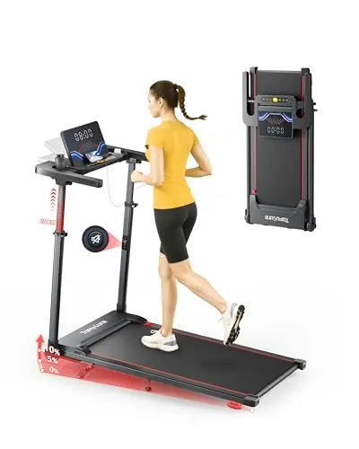 6 EN 1 Cinta de Correr Plegable, 0%-5%-10% Inclinación, 12 KM/H, Toputure Cinta Andar con Manillar Ajustable para Hogar y Oficina, Walking Pad con App, Control Remoto, 95°-105° Pantalla LED Ajustable