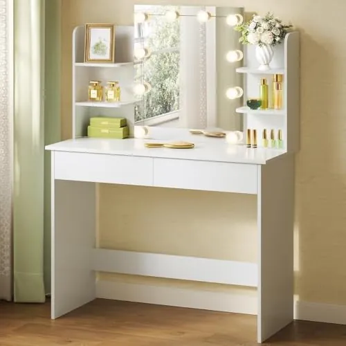 WOLTU Tocador de Maquillaje con Espejo y 10 Bombillas LED Luz Regulable, Mesa de Tocador con 2 Cajones Grandes y 4 Estantes, 90x40x135cm, Mesa de Maquillaje Moderno para Dormitorio, Blanco, MB6096ws
