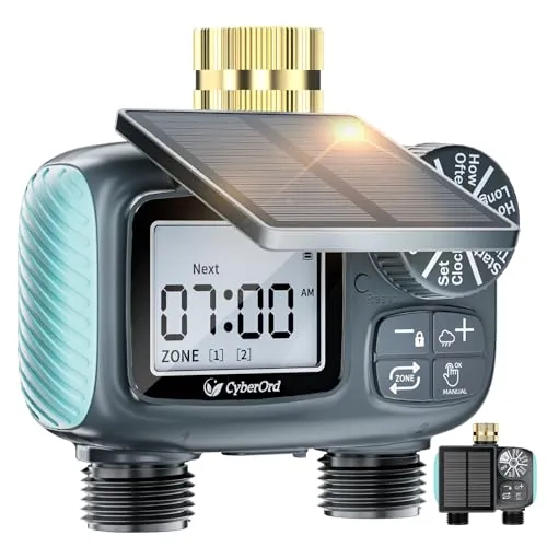 Programador de Riego Solar CyberOrd de 2 Zonas, Temporizador de Riego con Carga Solar, Sistema de Riego Automático con Modos Automático/Manual/Retraso por Lluvia para Césped/Ppatio/Jardín