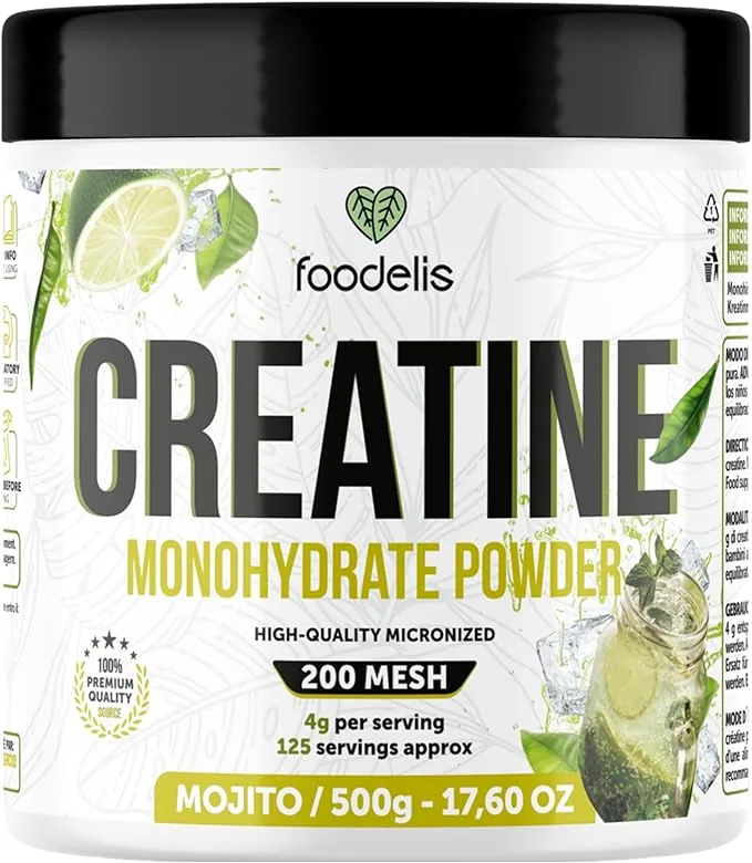 Foodelis Creatina Monohidratada en Polvo 500 g – Sabor Mojito – 100% Creatina Micronizada – Alta Pureza – Sin Aditivos – Vegana – Alta Solubilidad – Incluye Dosificador