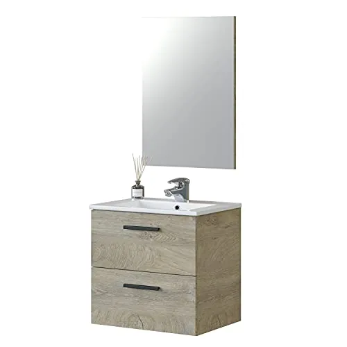 ARKITMOBEL - Mueble de Baño Suspendido 2 Cajones y Espejo, Módulo Lavabo, Color Roble Alaska, 60x57x45 cm - Modelo Aruba. (Lavabo no Incluido)