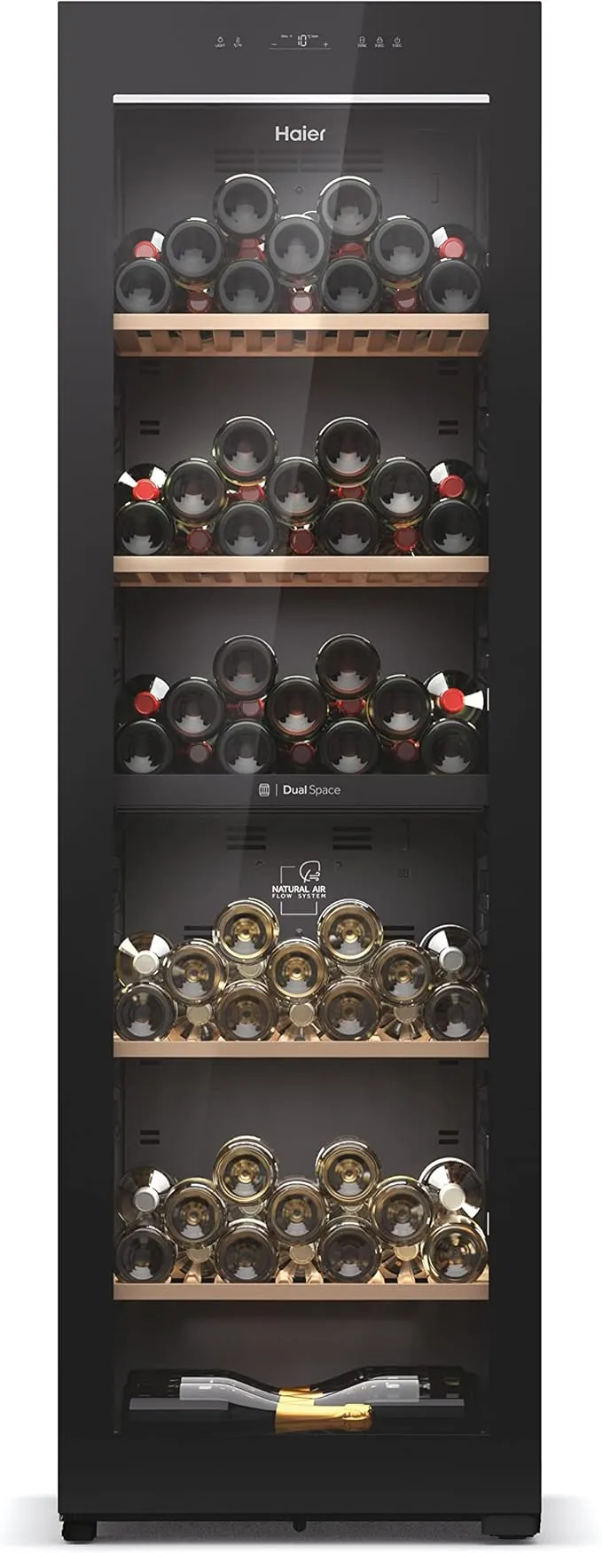 Haier Wine Bank 60 Series 7 HWS236GDEH1- Vinoteca 236 botellas, WIFI, 2 Zonas independientes, Estantes de madera, Filtro Anti-UV, Filtro de carbón, Display Digital, Iluminación LED 3D, 35 dbA, Negra