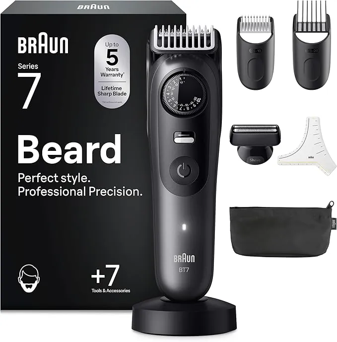 Braun Recortadora De Barba Series 7 BT7525, +7 Accesorios Para Barba, 40 Longitudes, Lámina ProBlade, Gris