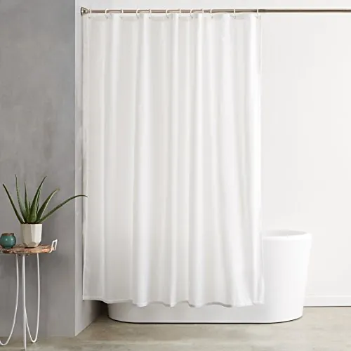 Amazon Basics Cortina de Ducha de Tela Resistente al Agua y al Moho, con Ojales y Ganchos, Lavable a máquina, 180 x 180 cm, Color Blanco