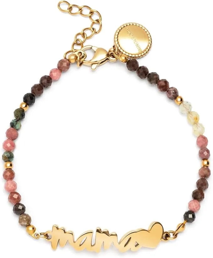 SINGULARU - Pulsera Mamá Heart Tourmaline. Acero con Baño en Oro de 18 Kt y Piedras Naturales. Joyas Para Mujer.