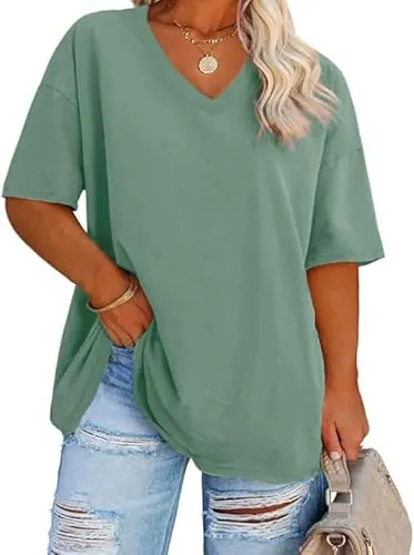 Fisoew Señoras Tallas Grandes Camiseta Media Manga Camisa con Cuello en V Verano Suelta Top Básico Sobredimensionado Manga Corta Algodón tee Tops(Verde, XL)