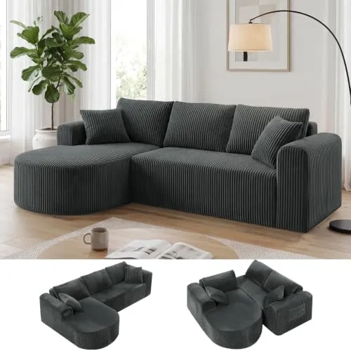 COMHOMA Sofá de esquina con función de dormir, 263cm de Corduroy Modular sin huesos con Chaise Longue, Forma L, Sofá seccional con cojines y bolsillos laterales, Sofá para el salón, Sin montaje, Gris