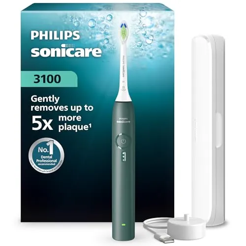 Philips Sonicare Serie 3100 - Cepillo dental sónico con sensor de presión, 3 niveles de intensidad, EasyStart, SmarTimer, autonomía de 14 días, estuche, verde bosque, HX4033/26, [Nuevo]