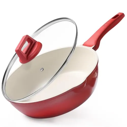 GiPP Wok Induccion con Tapa, Sarten Honda 24 cm Antiadherentes-Rojo, 2,5 L