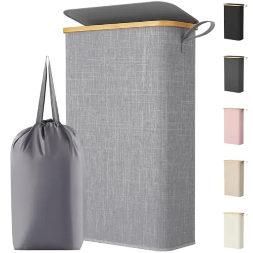 Lifewit Cesto Ropa Sucia Estrecho con Tapa, Cesto de Ropa Plegable con Bolsa Extraíble y Asa, Cesta Ropa Sucia de Bambú, Cubo de Ropa para Dormitorio, Baño, Lavandería, Dormitorio, 70 L, Gris Claro