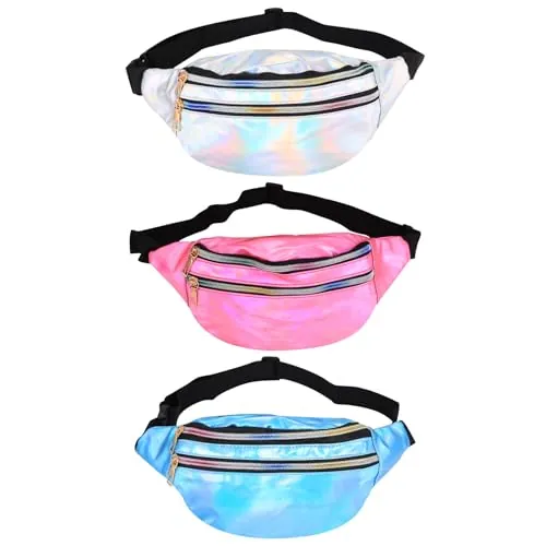 3 Pcs Riñoneras Mujer Hombre, Bolso Riñonera Deportiva Metálica Holográfica Ajustable, Riñoneras Impermeable PU, para Bici Correr Caminar Camping, Años 80 y 90