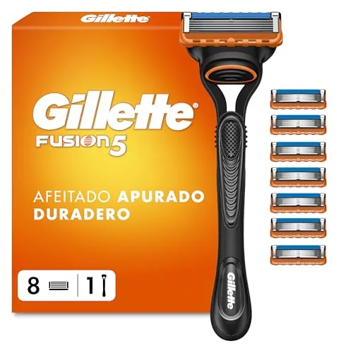Gillette Fusion5 Maquinilla De Afeitar Para Hombre Con Recambios, 1 Mango, 8 Cuchillas Con 5 Hojas, Banda De Gel Lubricante y Recortadora De Precisión