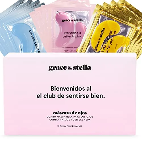 grace & stella Parches para Ojeras y Bolsas Mujer - Reducen Bolsas y Arrugas - Veganos y No Testados en Animales [72 Pares, Dorado, Rosa, Azul]