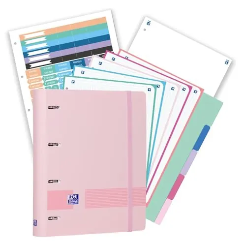 Oxford, Pack Archivador Live & Go A4+ 4 Anillas, Plástico Polyfoam, Incluye 2 Recambios con 5 Bandas Color Cuadrícula 5x5 y Separadores de Plástico, Color Rosa Pastel