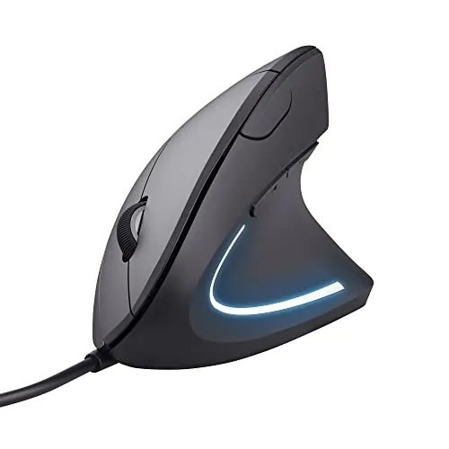 Trust Verto Ratón Vertical Ergonómico con Cable USB, Negro | 1000/1600 dpi, Iluminación LED, Sensor Óptico para PC, Ordenador, Laptop, Desktop, Mac