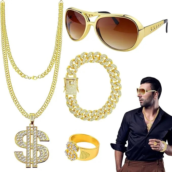 Conjunto de Joyería Beauf - Set de Hip Hop | Colgante de Dólar, Anillo, Cadena de Oro, Gafas de Sol | Destacado y Duradero, Ajustable y Fácil de Usar
