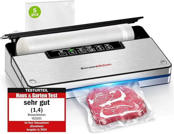 Bonsenkitchen Envasadora al Vacío, Maquina al Vacio con 5 modos, 8 L/min, Tecnología Globefish para Un Funcionamiento a Alta Velocidad, Vacío Rápido, Incluye 5 Bolsas de Vacío y 1 Bolsa de Rollo