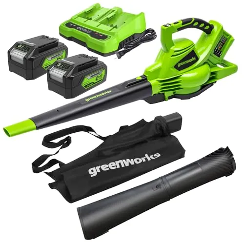 Greenworks 48V(24Vx2)Soplador Aspirador de Hojas a Batería, Correa paraHombro, Motor sin Escobillas,322km/h, 9m³/min, Bolsa Recogedora 45L, Dos 24V 4Ah Baterías y Cargador, GD24X2BVK4X
