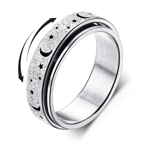 Diamday Anillos Giratorios para Ansiedad y Estrés - Fidget Band Inoxidable Spinner Ring Antiestrés para Mujeres y Hombres - Estrellas y Luna en Plata 14