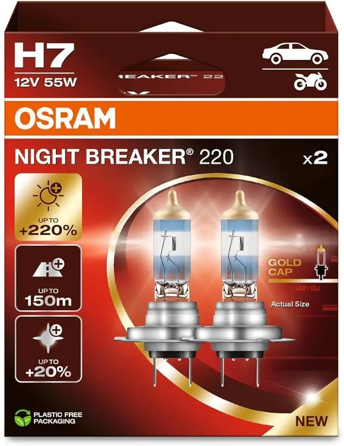 OSRAM NIGHT BREAKER 220, H7, 220% más brillo, lámpara de faro halógeno, 64210NB220-2HB, Caja plegable (2 lámparas)