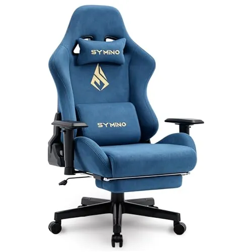 Symino Silla Gaming Ergonómica con Reposapiés, 150° Reclinable: Soporte Lumbar y Reposacabezas Regulable, Ajustable en Altura, Soporta hasta 200kg (Blue)