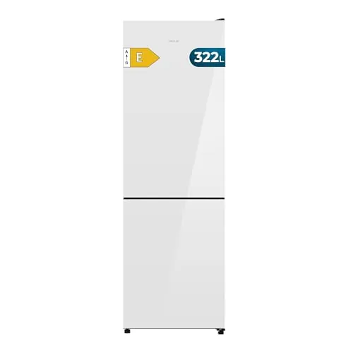 Cecotec Frigorífico Combi Total No Frost Bolero CoolMarket Combi 322i White Glass E, 322L, 185,5 cm de Alto, 59,5 cm de Ancho, Clase E, Tecnología Multi Airflow, HumidityFlex HUB, LED Interior, Blanco