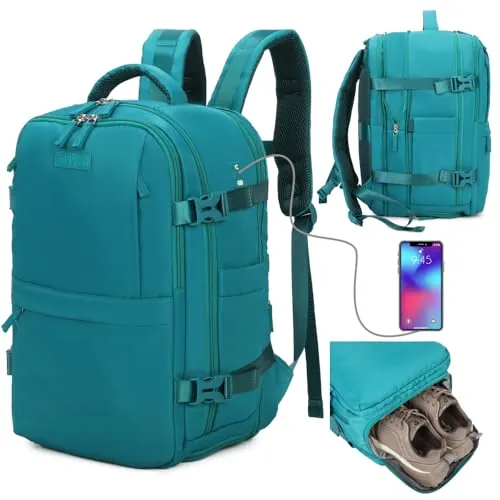 1990s Mochila de viaje cabina expandible para Ryanair 40x25x20-25cm,con bolsa de zapatillas,mochila casual impermeable extensible compatible con portátil 14"- Verde