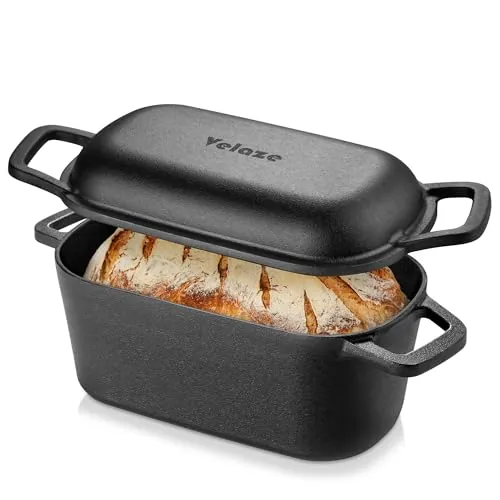 Velaze Olla de Hierro Fundido para Pan 3.4L - Cacerola Holandesa Rectangular 27x15 cm con Tapa, Interior Cremoso Antiadherente - Adecuada para Inducción (Negro)