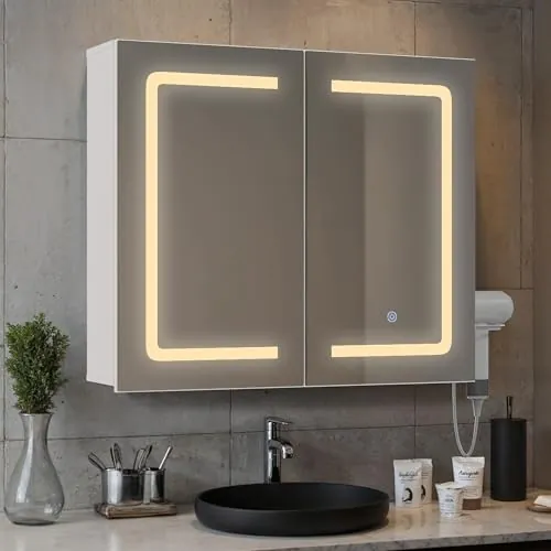 Blishom Armario Espejo para Baño con Luz LED y Puerto USB, Mueble de Pared con Sensor Táctil, Luz Fría/Cálida/Natural, Tomas de Corriente y Soporte para Secador, Almacenaje Grande, Blanco (80×16×60cm)