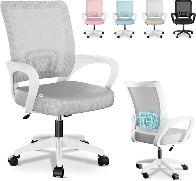 JUPPLIES Silla Escritorio Ergonomica - Silla Oficina con Apoyo Lumbar, Estructura de Plastico, Malla Transpirable, Ruedas Giratorias 360° Soporta hasta 110kg (Gris)