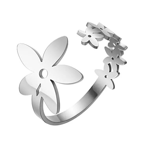 kkjoy Anillo de Flores de Cinco Pétalos de Acero Inoxidable Anillos de Dedo Abierto Ajustable Para Mujeres Niñas